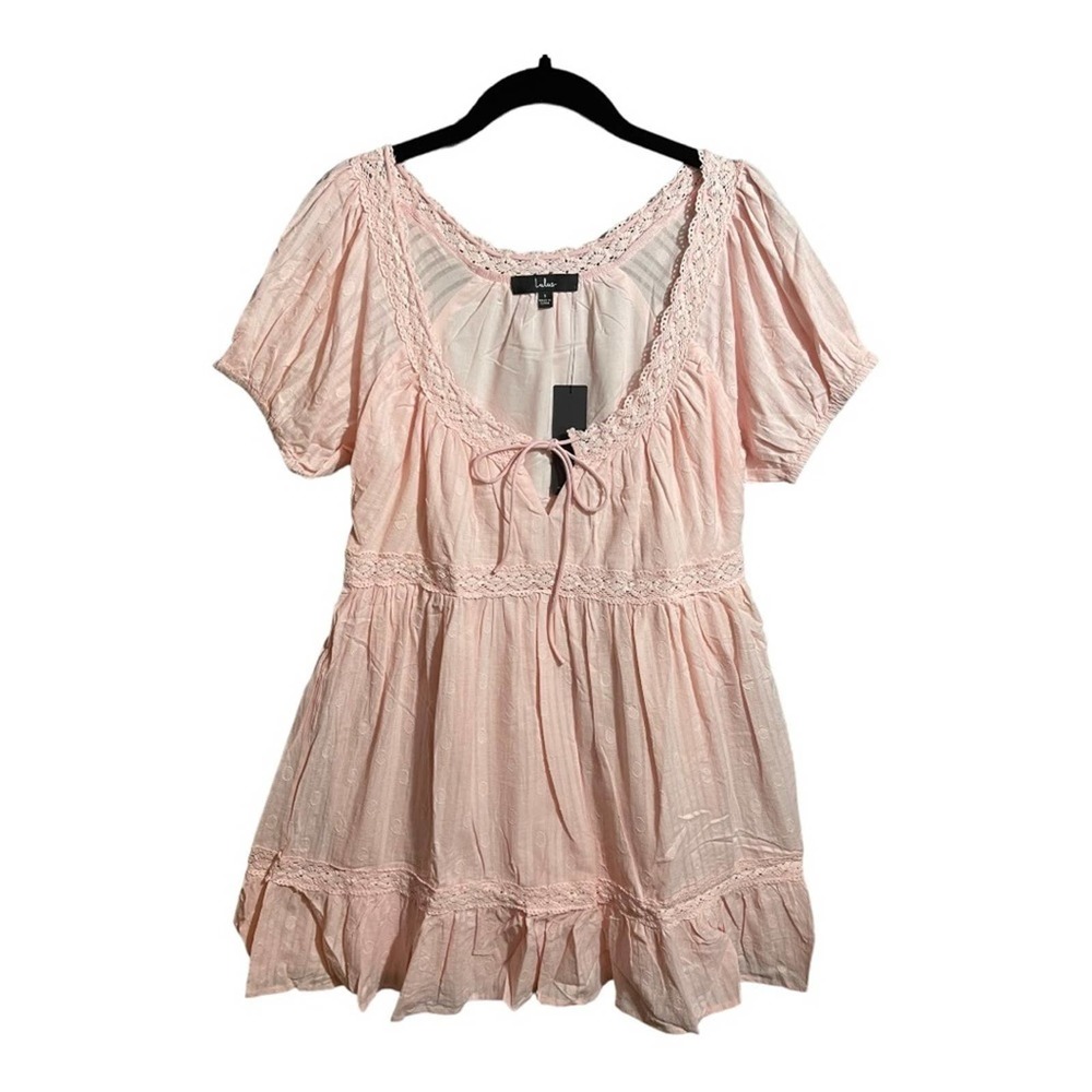 Lulus Boho Deep Front Puff Sleeve Cotton Mini Dress in Blush Pink Size S NWT